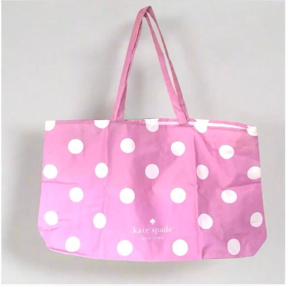 NEW Kate Spade XL Canvas Reusable Shopper Foldable Tote Pink White Polka Dots - Picture 2 of 8